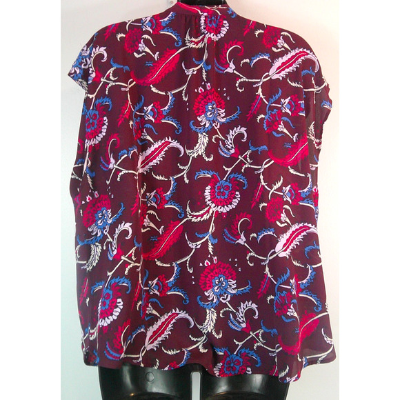 Ann Taylor Factory Women's XL Short Sleeve V-neck with Tie Maroon Floral Blouse - Picture 4 of 7